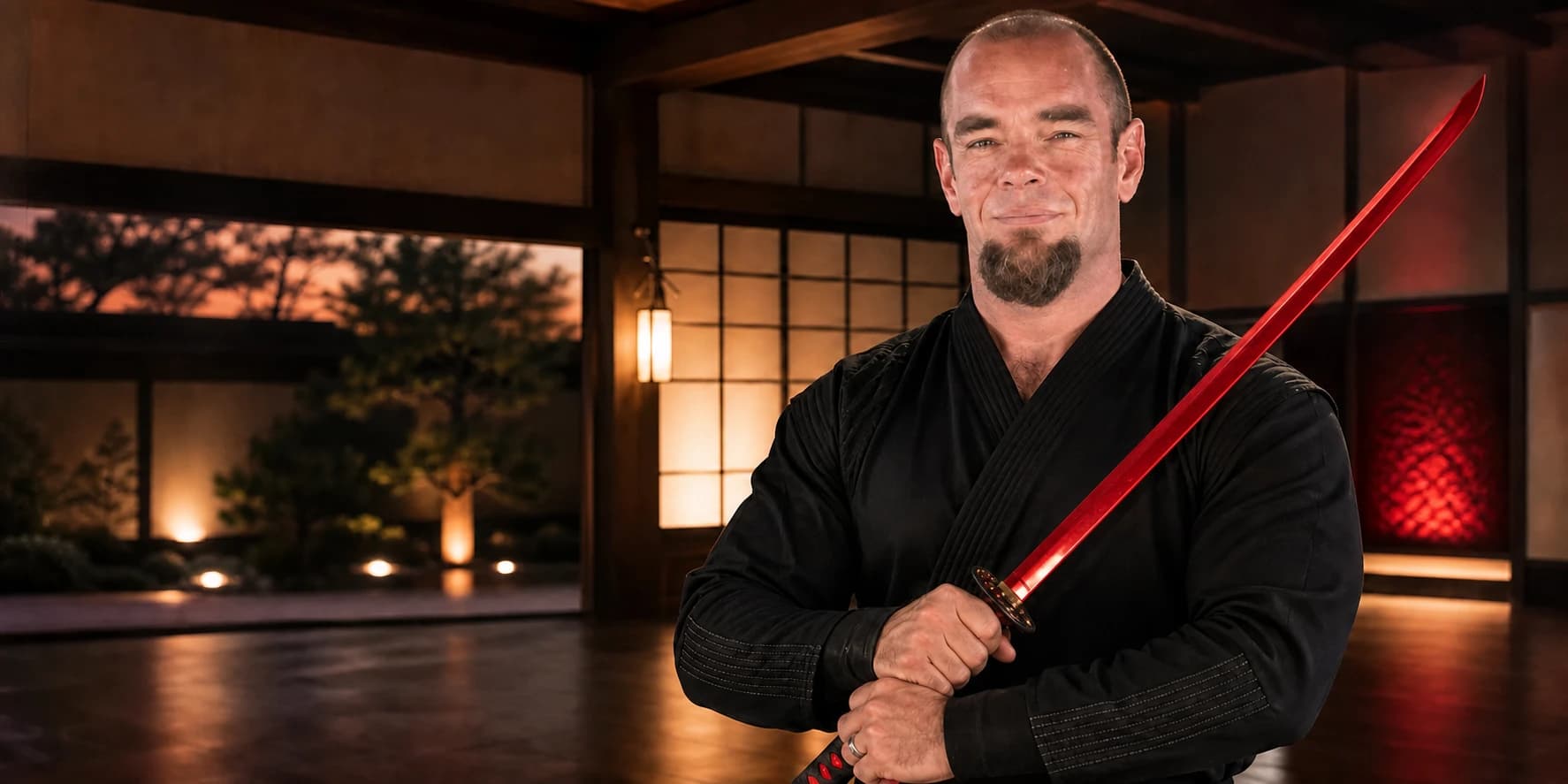 Brian Walker in a black ninja outfit holding a red sword, with his face fully visible